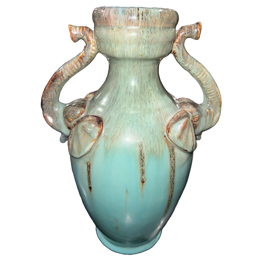 15/ Vintage Ceramic Large Drip Glaze Vase Double Elephant Head Handles Turquoise
